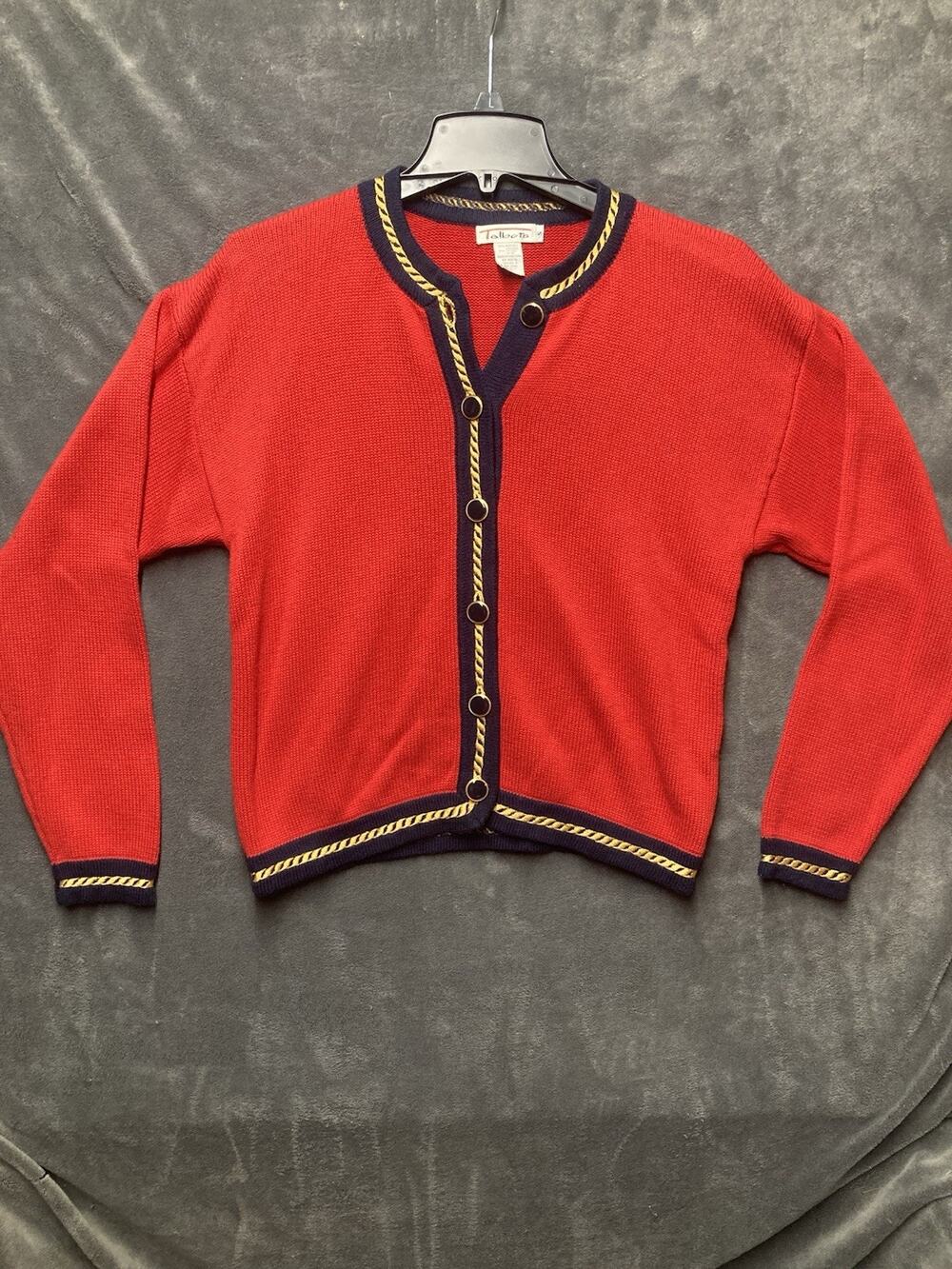 VTG Talbots Red Cardigan Sweater Navy Contrast Gold Rope Trim Nautical Preppy S
